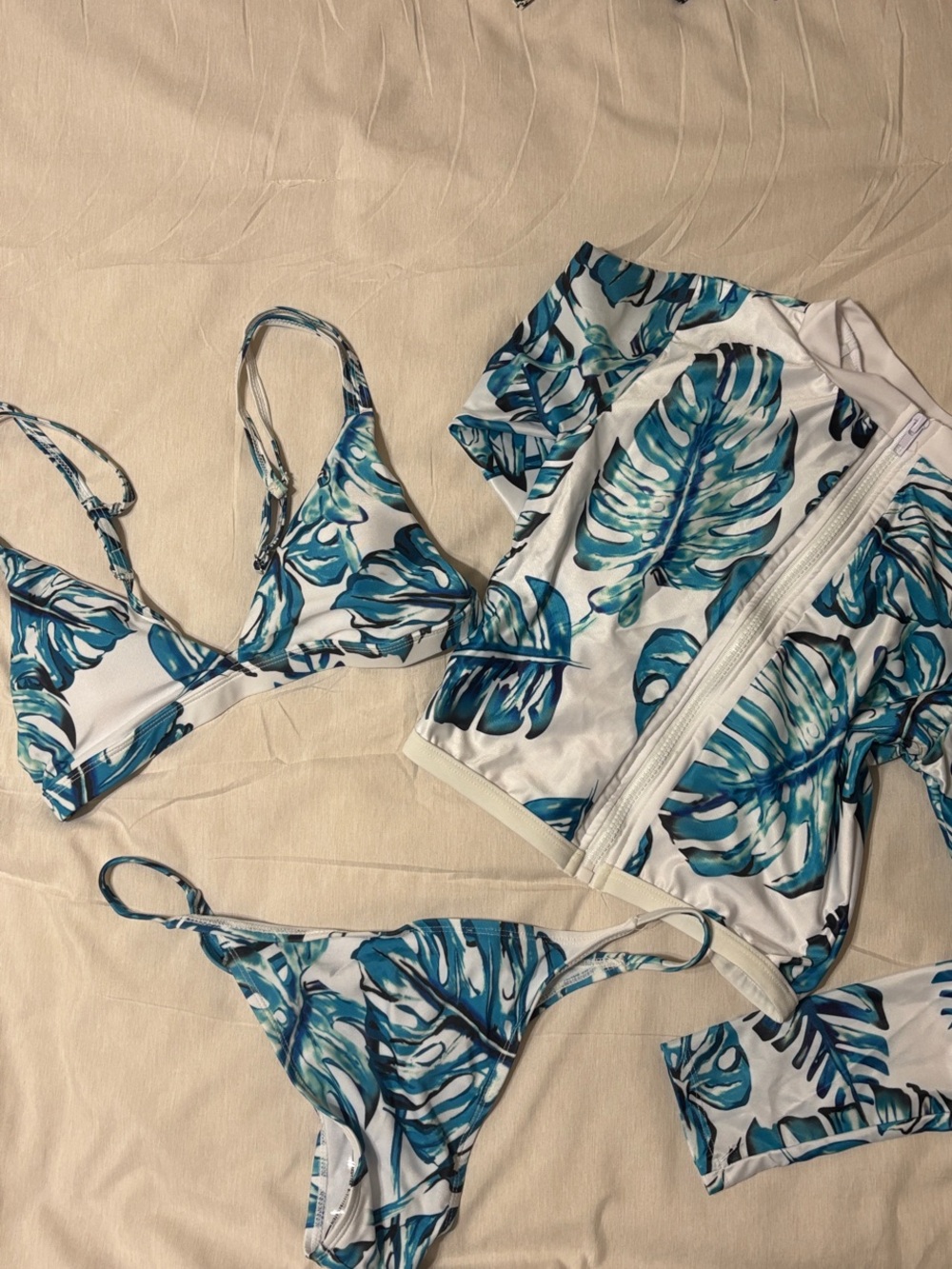 Leaf Print Bikini Set with Zip Rash Guard - Teal & White